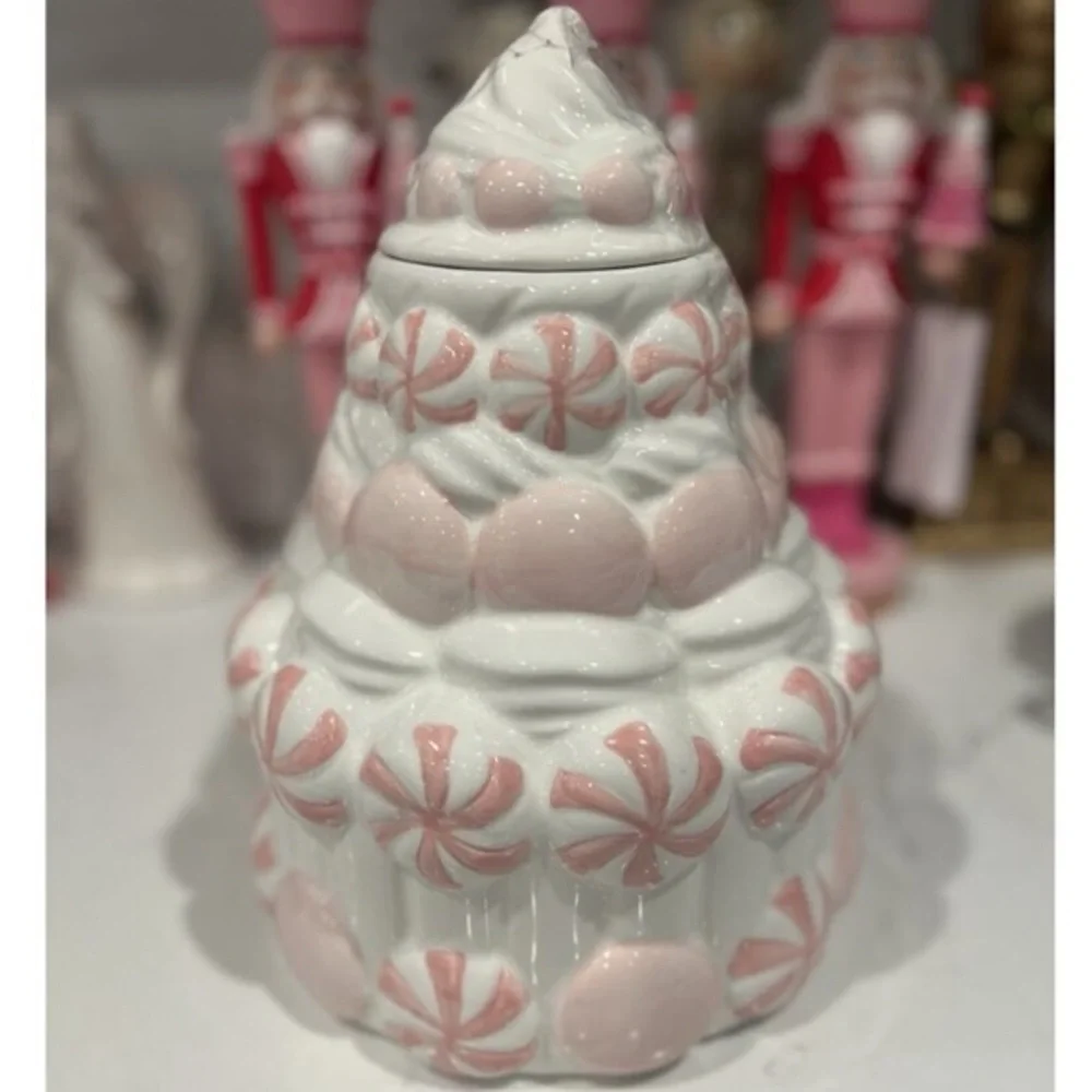 PEPPERMINT & PINE Meringue Frosting Canister Cookie Jar Pink Sugar Christmas